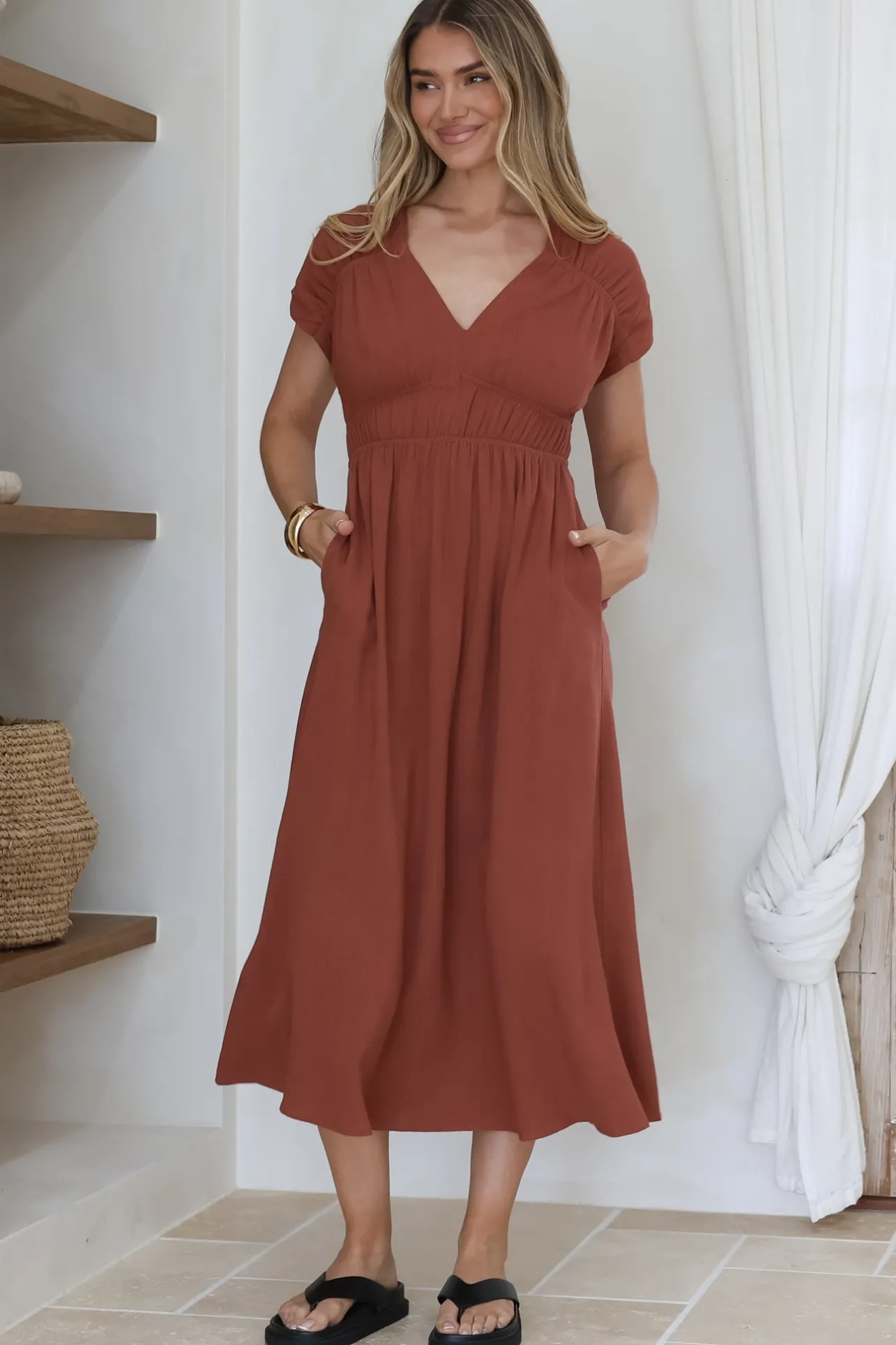 Torin Midi Dress - Gathered and Piping Detailed A-Line Dress with a V-Neckline in Rust>Salty Crush Hot