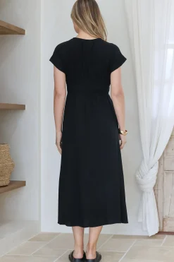 Torin Midi Dress - Gathered and Piping Detailed A-Line Dress with a V-Neckline in Black><noscript><img width=