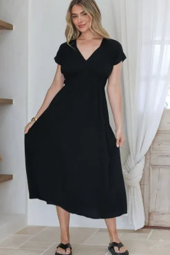 Torin Midi Dress - Gathered and Piping Detailed A-Line Dress with a V-Neckline in Black><noscript><img width=