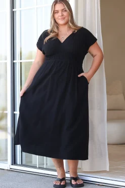 Torin Midi Dress - Gathered and Piping Detailed A-Line Dress with a V-Neckline in Black><noscript><img width=