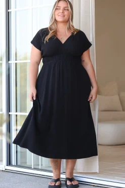 Torin Midi Dress - Gathered and Piping Detailed A-Line Dress with a V-Neckline in Black><noscript><img width=