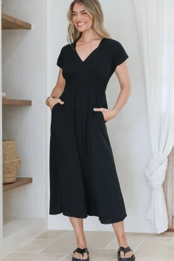 Torin Midi Dress - Gathered and Piping Detailed A-Line Dress with a V-Neckline in Black><noscript><img width=