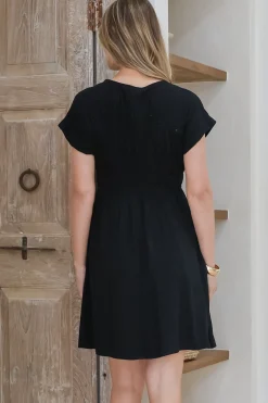 Torin Mini Dress - Flattering V-Neck A-Line Mini with Cinched Waist in Black><noscript><img width=