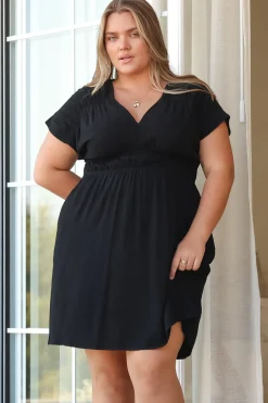 Torin Mini Dress - Flattering V-Neck A-Line Mini with Cinched Waist in Black><noscript><img width=