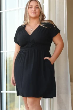 Torin Mini Dress - Flattering V-Neck A-Line Mini with Cinched Waist in Black><noscript><img width=