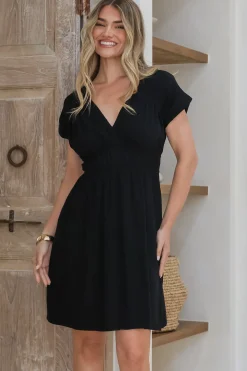 Torin Mini Dress - Flattering V-Neck A-Line Mini with Cinched Waist in Black><noscript><img width=