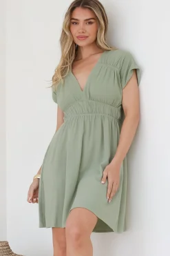 Torin Mini Dress - Flattering V-Neck A-Line Mini with Cinched Waist in Sage><noscript><img width=