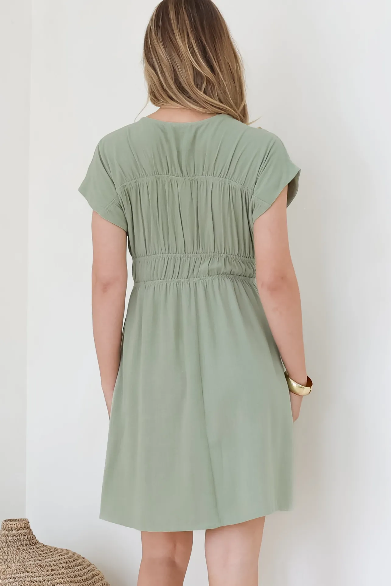 Torin Mini Dress - Flattering V-Neck A-Line Mini with Cinched Waist in Sage>Salty Crush Sale