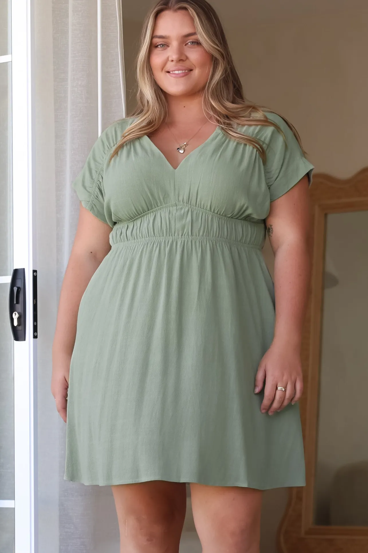 Torin Mini Dress - Flattering V-Neck A-Line Mini with Cinched Waist in Sage>Salty Crush Sale