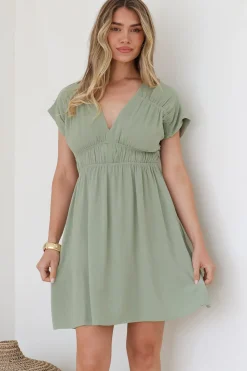 Torin Mini Dress - Flattering V-Neck A-Line Mini with Cinched Waist in Sage><noscript><img width=