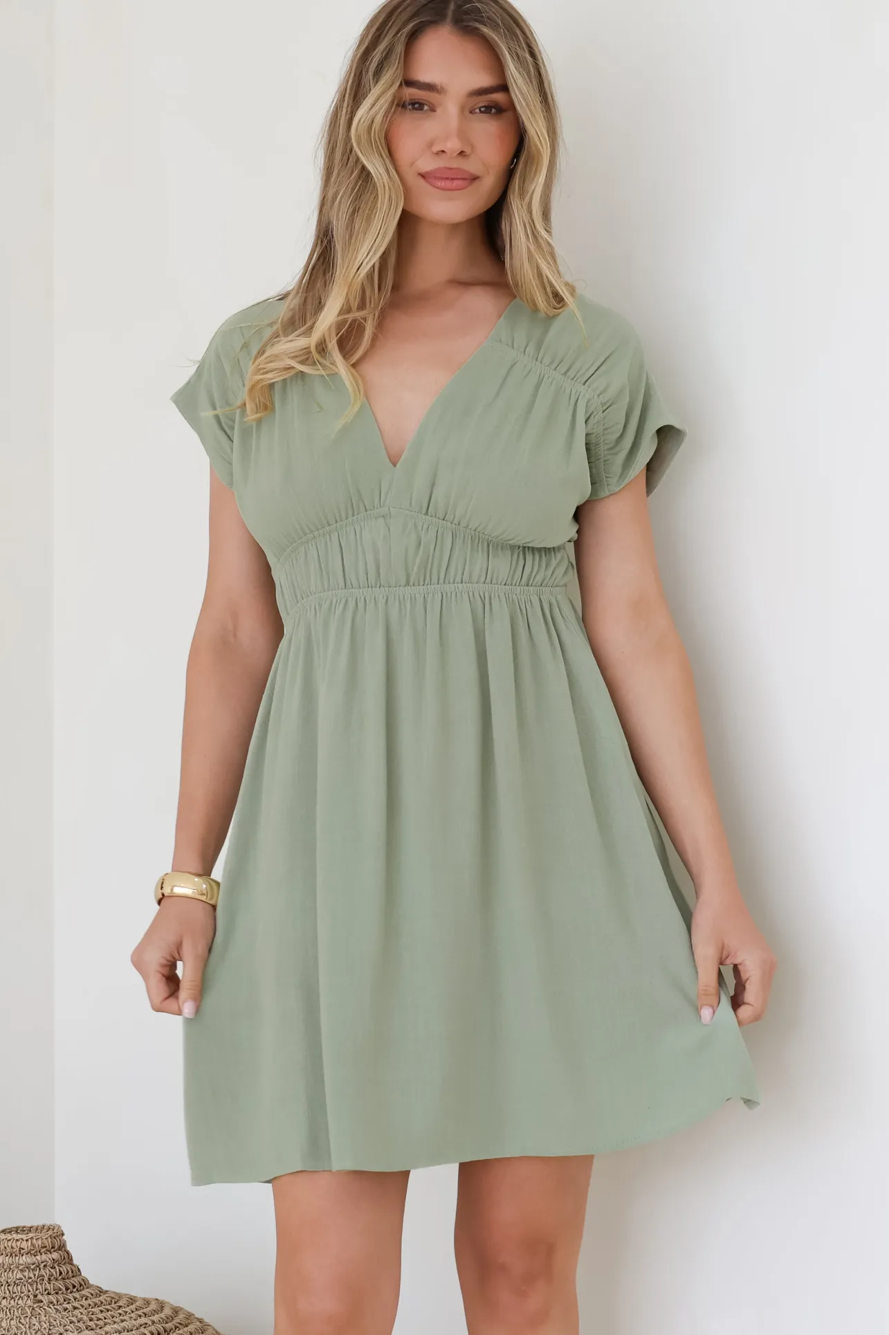 Torin Mini Dress - Flattering V-Neck A-Line Mini with Cinched Waist in Sage>Salty Crush Sale