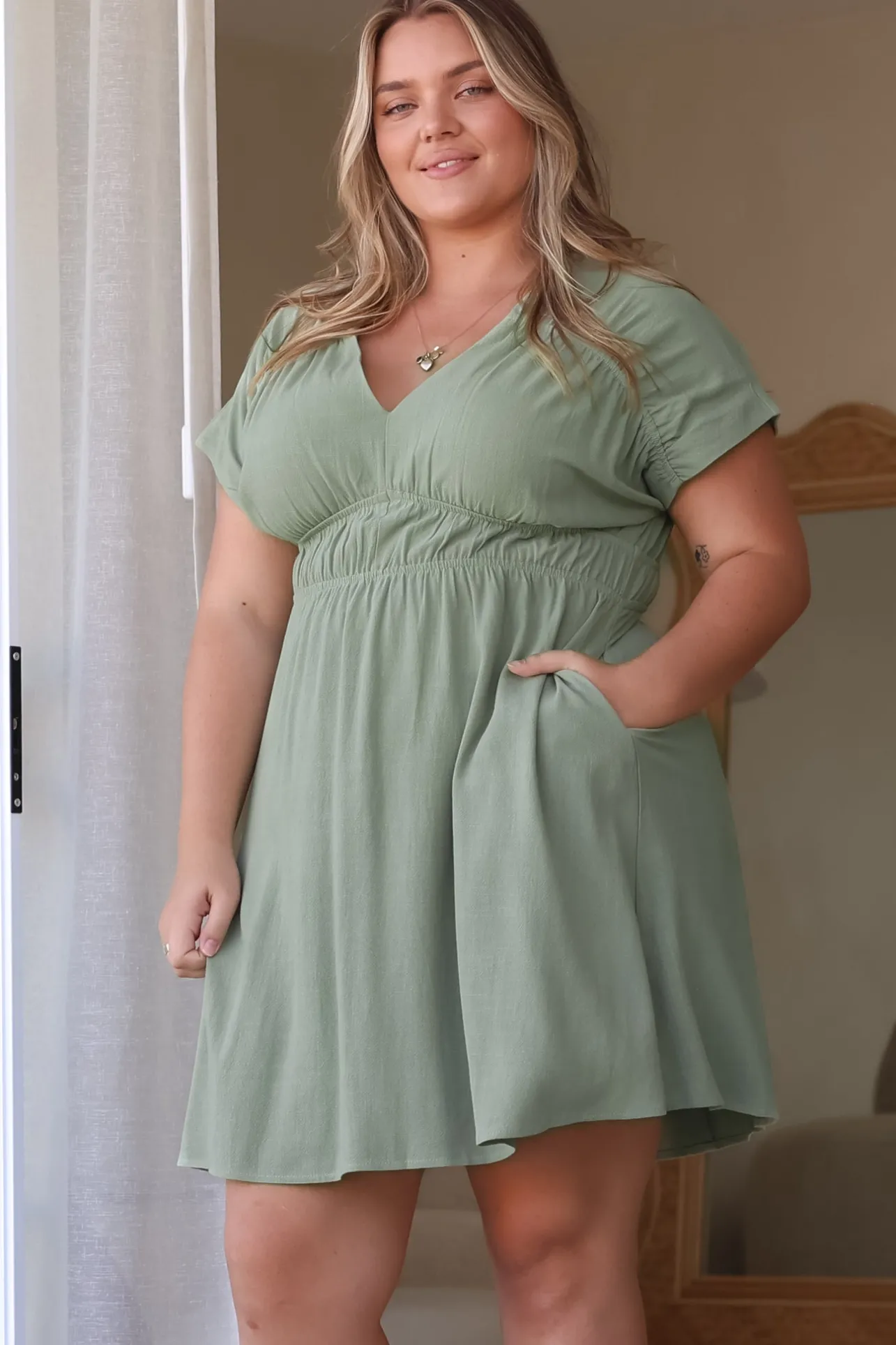 Torin Mini Dress - Flattering V-Neck A-Line Mini with Cinched Waist in Sage>Salty Crush Sale