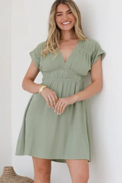 Torin Mini Dress - Flattering V-Neck A-Line Mini with Cinched Waist in Sage><noscript><img width=