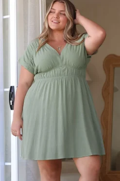 Torin Mini Dress - Flattering V-Neck A-Line Mini with Cinched Waist in Sage><noscript><img width=