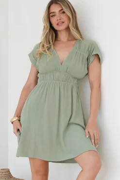 Torin Mini Dress - Flattering V-Neck A-Line Mini with Cinched Waist in Sage><noscript><img width=