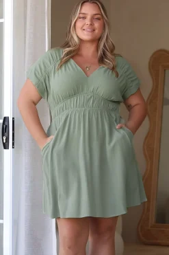 Torin Mini Dress - Flattering V-Neck A-Line Mini with Cinched Waist in Sage><noscript><img width=