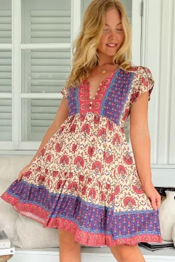 Tracey Mini Dress - Cap Sleeve Dress with Waist Tie in Bohemia Print>Jaase Sale