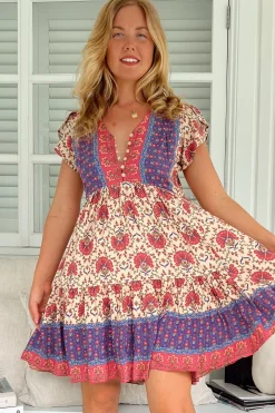 Tracey Mini Dress - Cap Sleeve Dress with Waist Tie in Bohemia Print><noscript><img width=