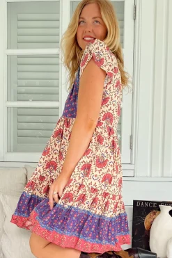 Tracey Mini Dress - Cap Sleeve Dress with Waist Tie in Bohemia Print><noscript><img width=