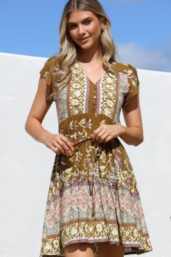 Tracey Mini Dress - Cap Sleeve Dress with Waist Tie in Emre Print><noscript><img width=