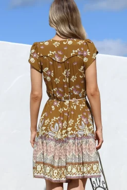 Tracey Mini Dress - Cap Sleeve Dress with Waist Tie in Emre Print><noscript><img width=