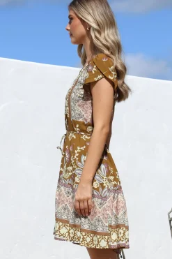 Tracey Mini Dress - Cap Sleeve Dress with Waist Tie in Emre Print><noscript><img width=