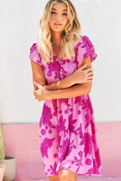 Tracey Mini Dress - Cap Sleeve Dress with Waist Tie in Valentine Print><noscript><img width=