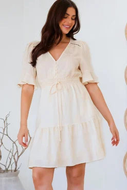 Truese Mini Dress - A-Line Dress with Short Ruffle Sleeves in Cream Embroidery>Salty Crush Outlet