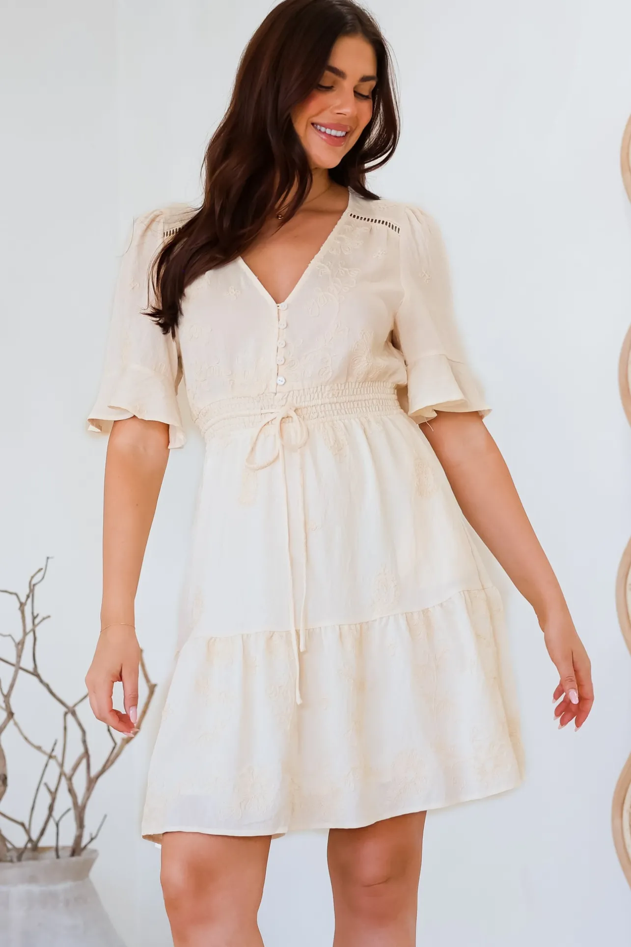 Truese Mini Dress - A-Line Dress with Short Ruffle Sleeves in Cream Embroidery>Salty Crush Outlet