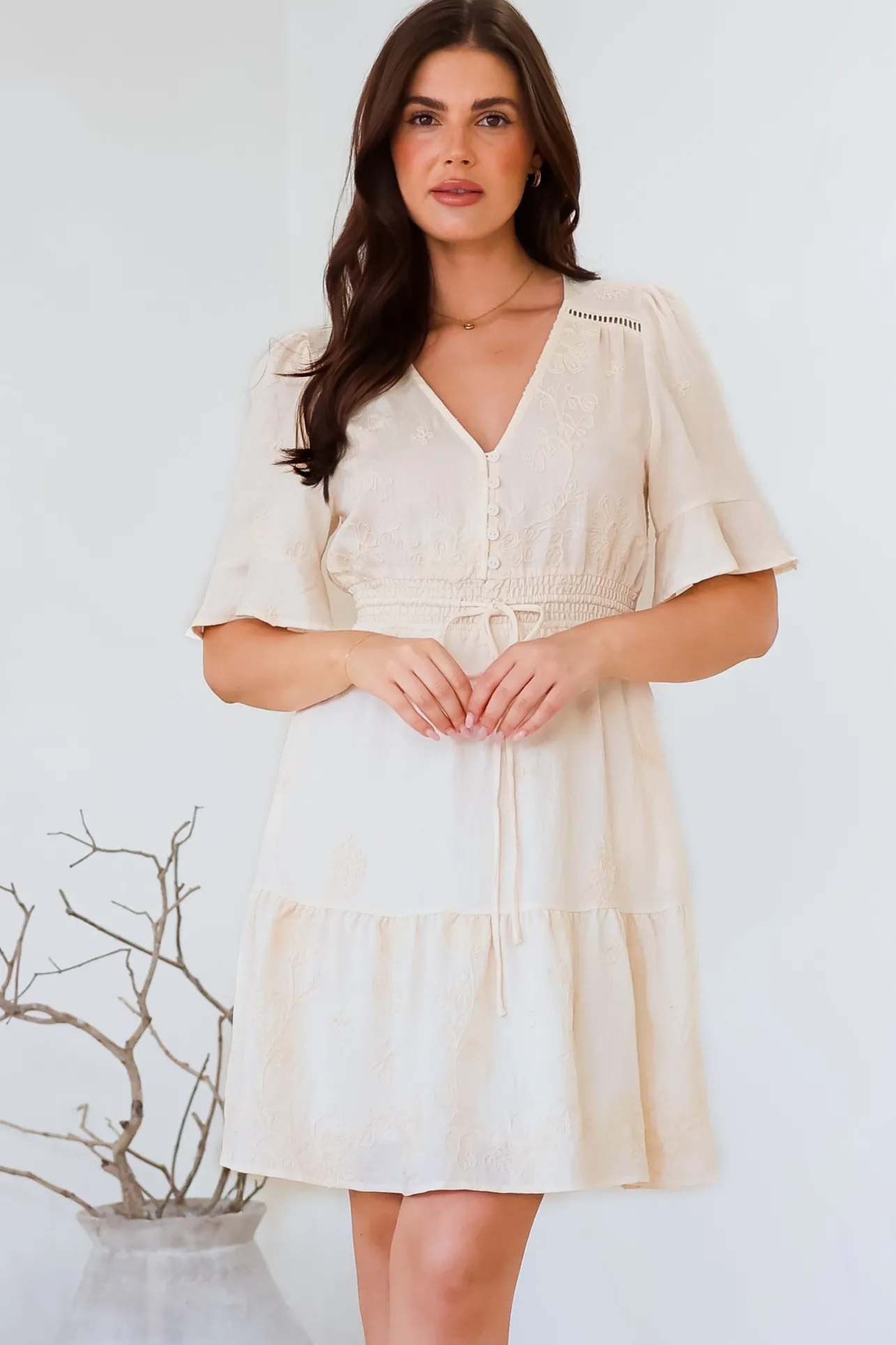 Truese Mini Dress - A-Line Dress with Short Ruffle Sleeves in Cream Embroidery>Salty Crush Outlet