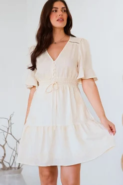 Truese Mini Dress - A-Line Dress with Short Ruffle Sleeves in Cream Embroidery><noscript><img width=