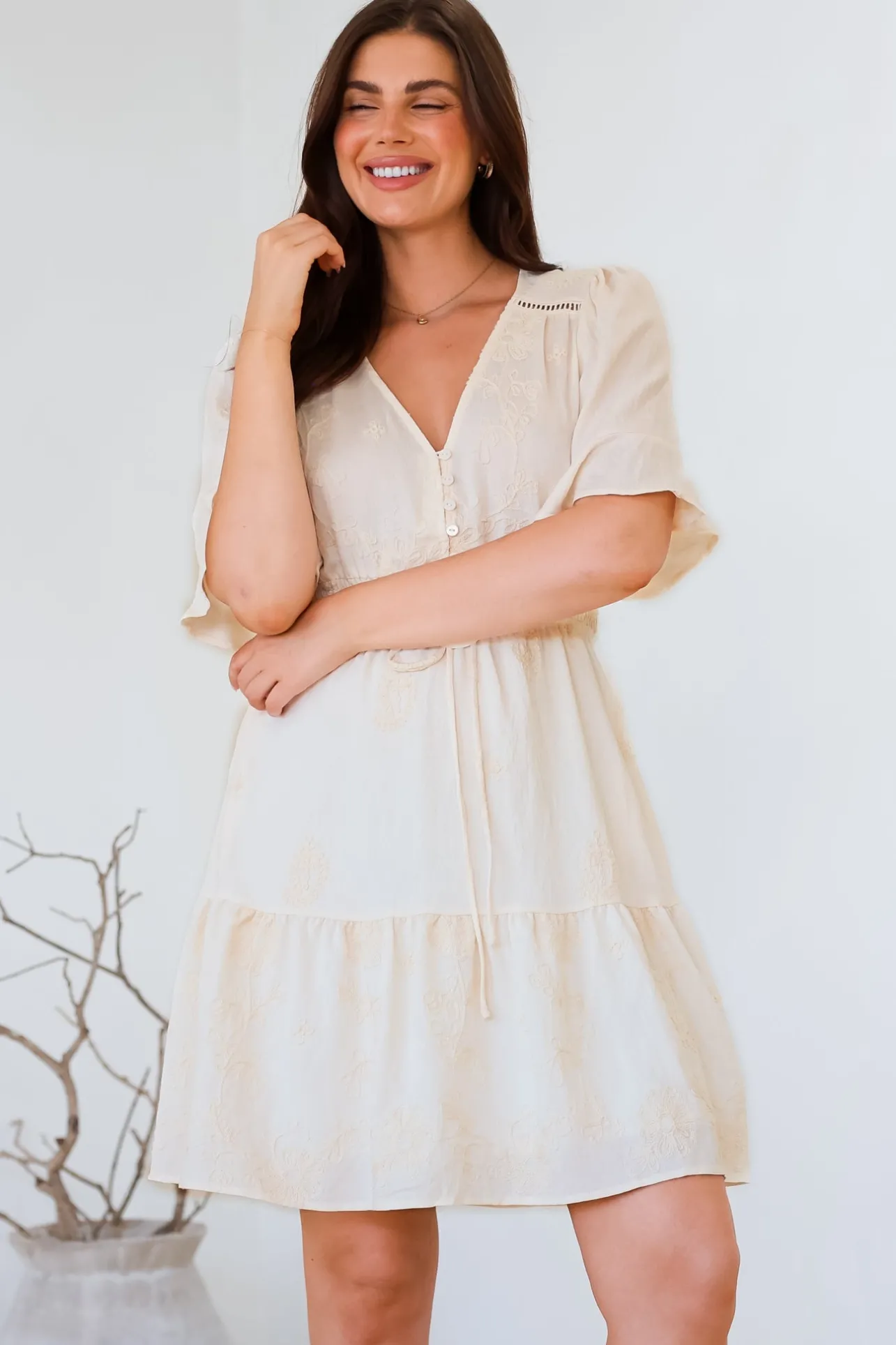 Truese Mini Dress - A-Line Dress with Short Ruffle Sleeves in Cream Embroidery>Salty Crush Outlet