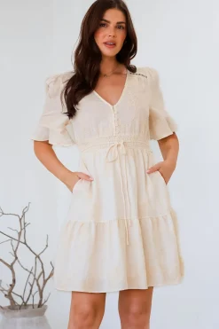Truese Mini Dress - A-Line Dress with Short Ruffle Sleeves in Cream Embroidery><noscript><img width=