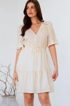 Truese Mini Dress - A-Line Dress with Short Ruffle Sleeves in Cream Embroidery><noscript><img width=