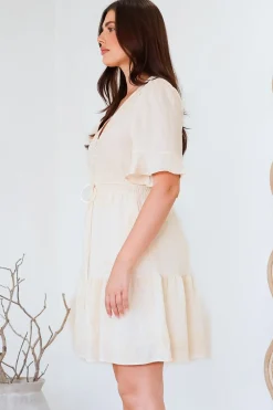 Truese Mini Dress - A-Line Dress with Short Ruffle Sleeves in Cream Embroidery><noscript><img width=