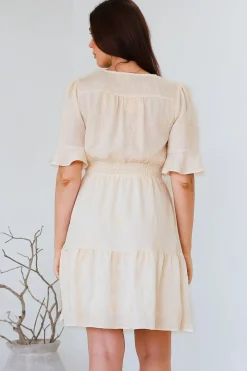 Truese Mini Dress - A-Line Dress with Short Ruffle Sleeves in Cream Embroidery><noscript><img width=