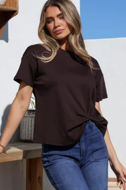 Tuck T-Shirt - Round Neckline Cotton Tee with Gathered Front Detail in Chocolate>Salty Crush Sale