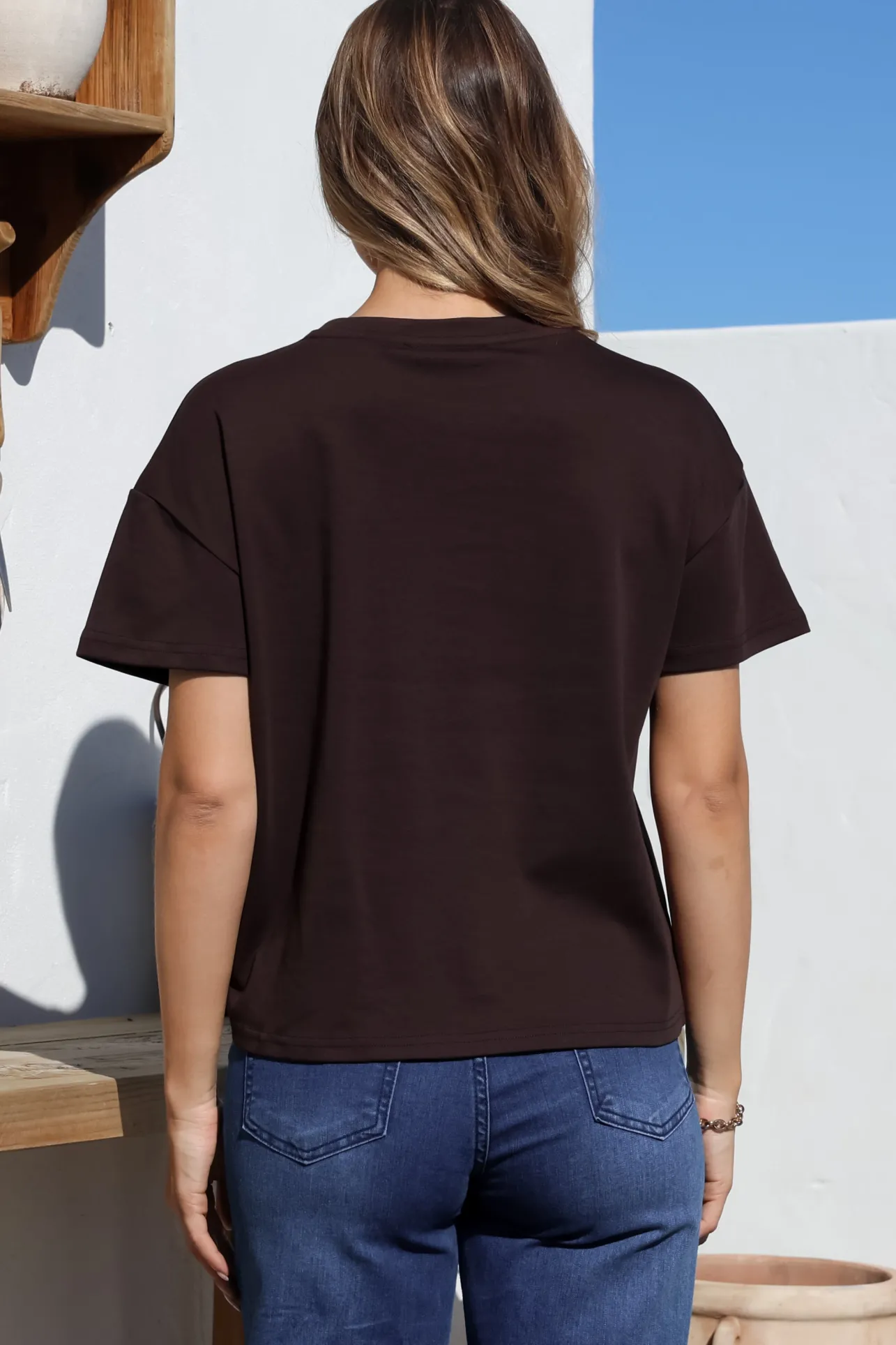Tuck T-Shirt - Round Neckline Cotton Tee with Gathered Front Detail in Chocolate>Salty Crush Sale