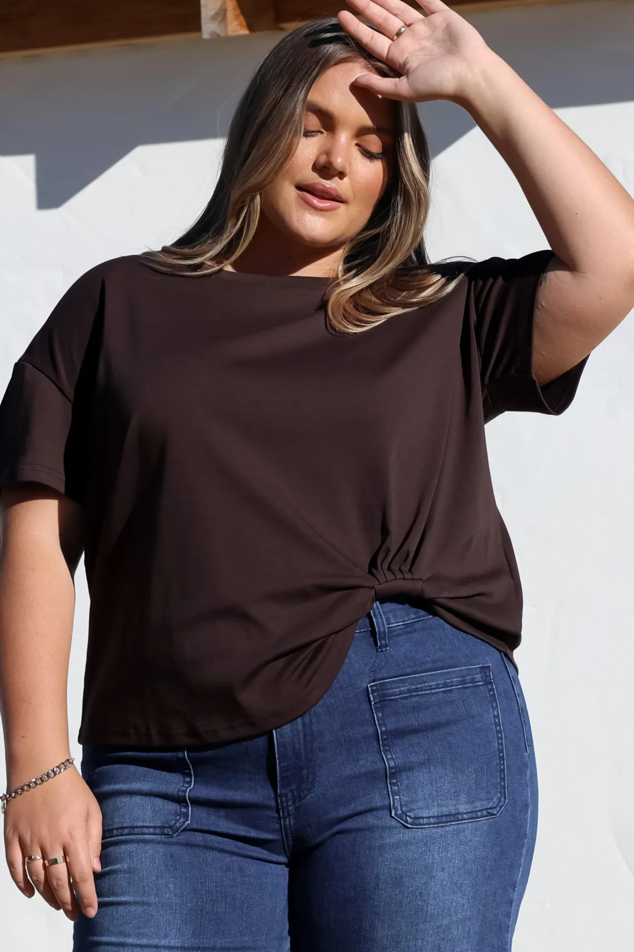 Tuck T-Shirt - Round Neckline Cotton Tee with Gathered Front Detail in Chocolate>Salty Crush Sale