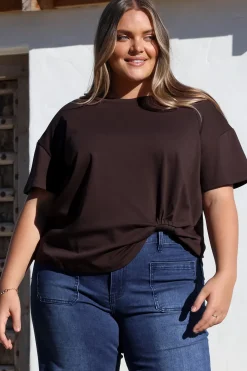 Tuck T-Shirt - Round Neckline Cotton Tee with Gathered Front Detail in Chocolate><noscript><img width=
