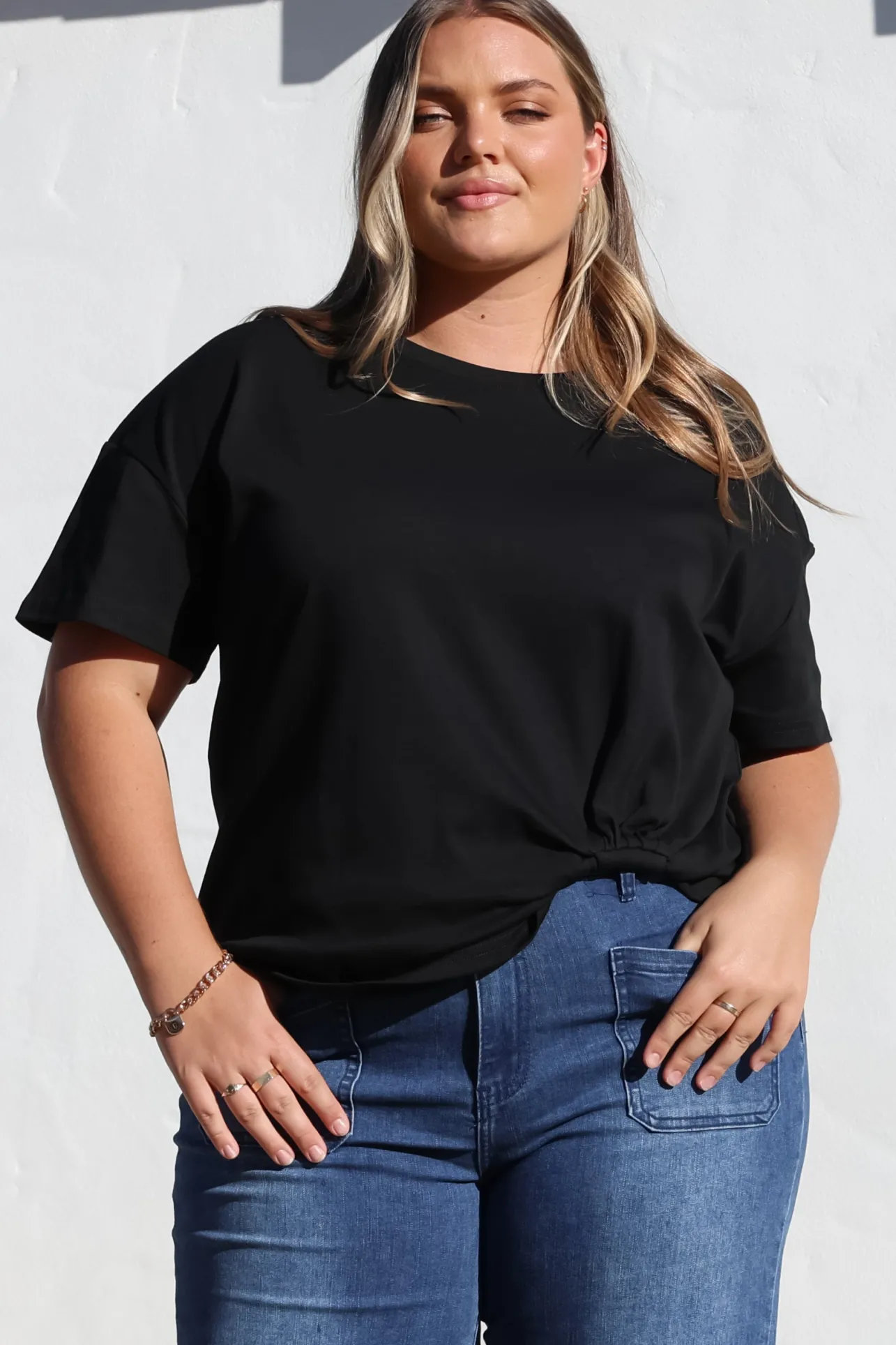 Tuck T-Shirt - Round Neckline Cotton Tee with Gathered Front Detail in Black>Salty Crush Online
