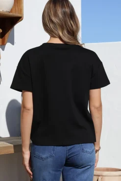 Tuck T-Shirt - Round Neckline Cotton Tee with Gathered Front Detail in Black><noscript><img width=