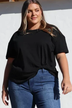 Tuck T-Shirt - Round Neckline Cotton Tee with Gathered Front Detail in Black><noscript><img width=