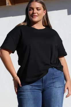 Tuck T-Shirt - Round Neckline Cotton Tee with Gathered Front Detail in Black><noscript><img width=