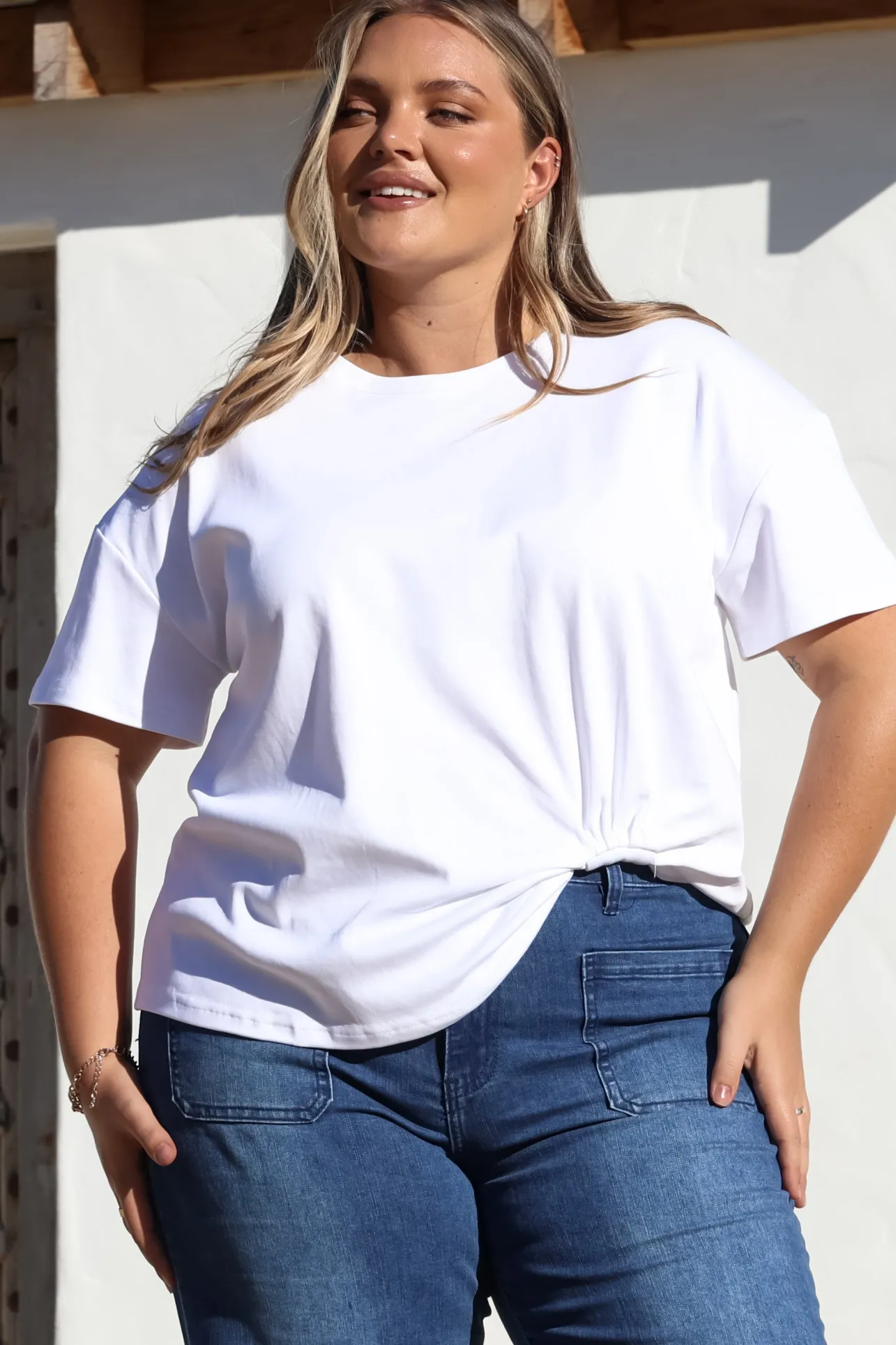Tuck T-Shirt - Round Neckline Cotton Tee with Gathered Front Detail in White>Salty Crush Online