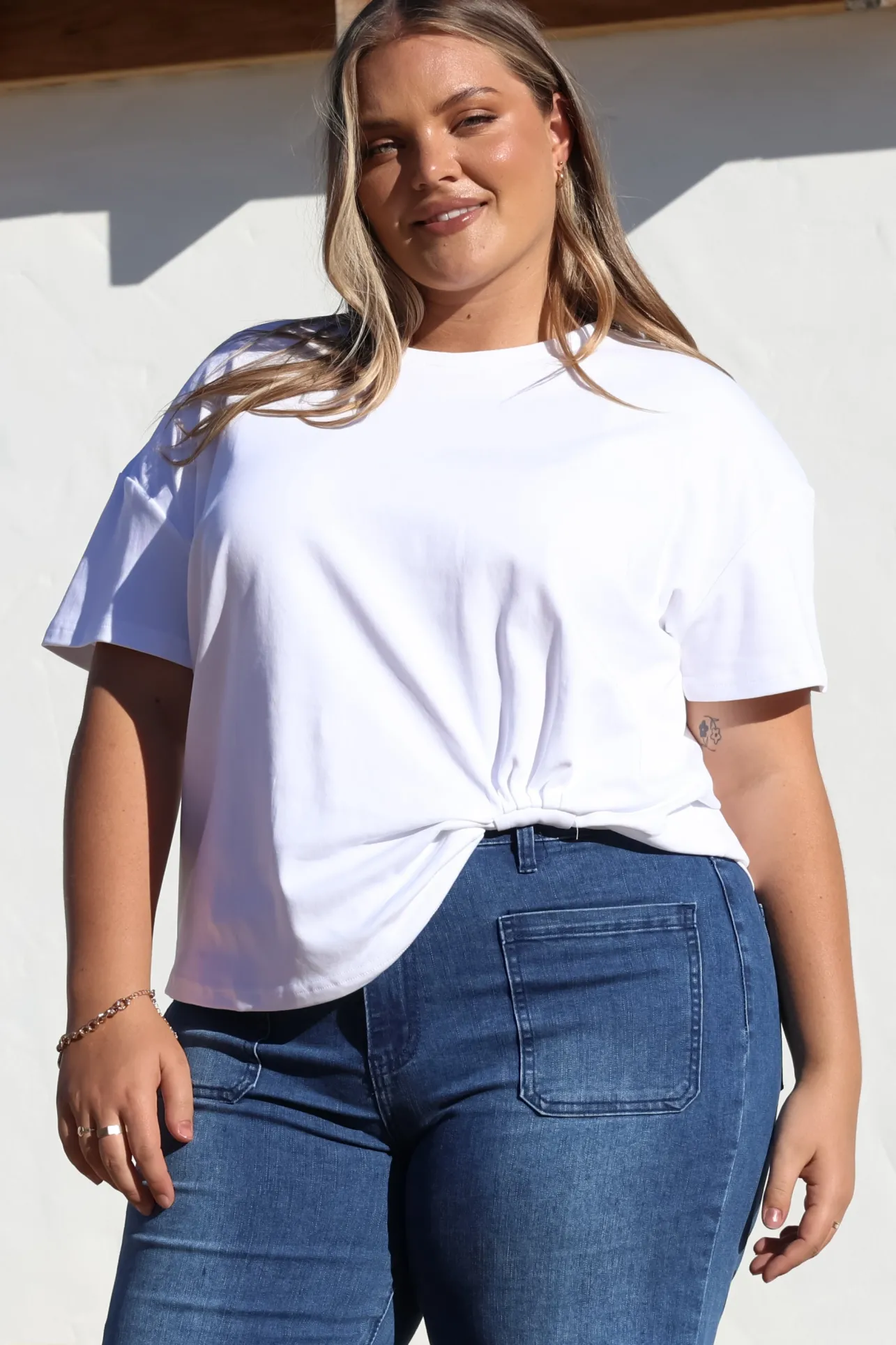 Tuck T-Shirt - Round Neckline Cotton Tee with Gathered Front Detail in White>Salty Crush Online