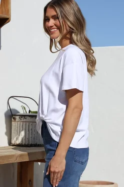 Tuck T-Shirt - Round Neckline Cotton Tee with Gathered Front Detail in White><noscript><img width=