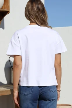 Tuck T-Shirt - Round Neckline Cotton Tee with Gathered Front Detail in White><noscript><img width=