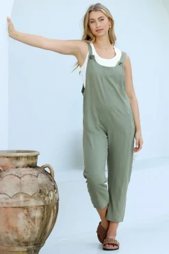 Tulum Jumpsuit - Linen Blend Overalls Pockets in Khaki>Salty Crush Online