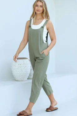Tulum Jumpsuit - Linen Blend Overalls Pockets in Khaki>Salty Crush Online